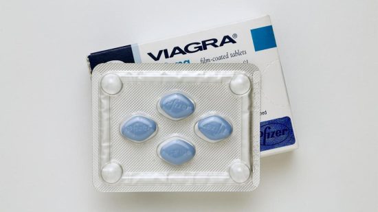 A photo of Viagra pills blister pack and packaging.